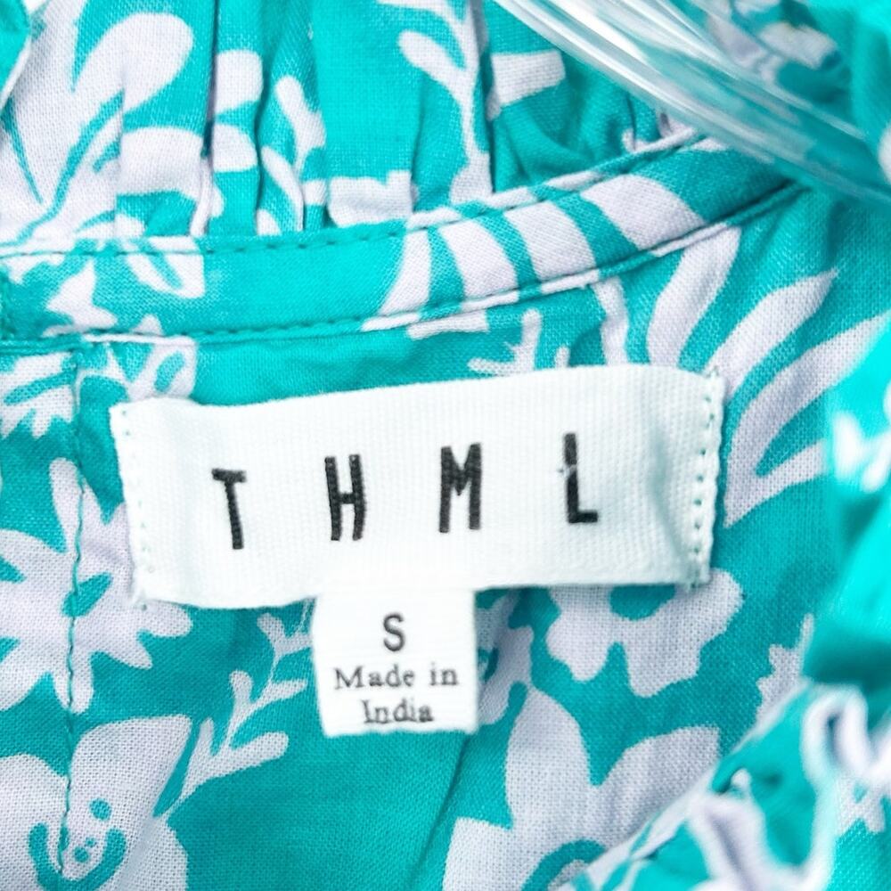 THML Teal Gray Lavender Floral Smocked Ruffle Sleeve Cotton Top Size Small - Picture 6 of 12
